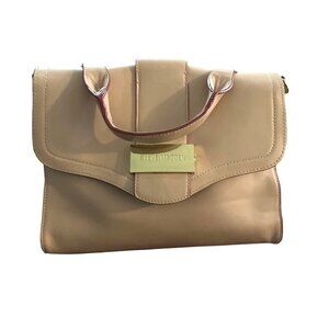 Steve Madden Beige Leather Satchel Handbag W/ Burgundy Trim Structured Design